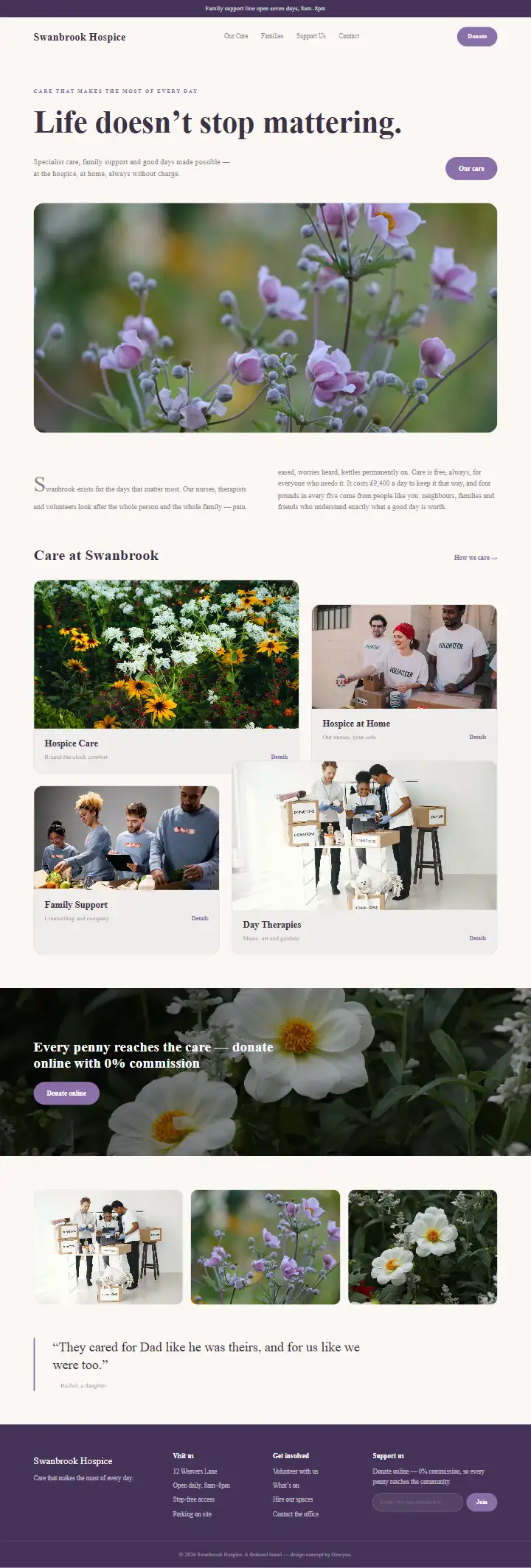 Swanbrook Hospice - a coded charity & non-profit website concept by Graeyna