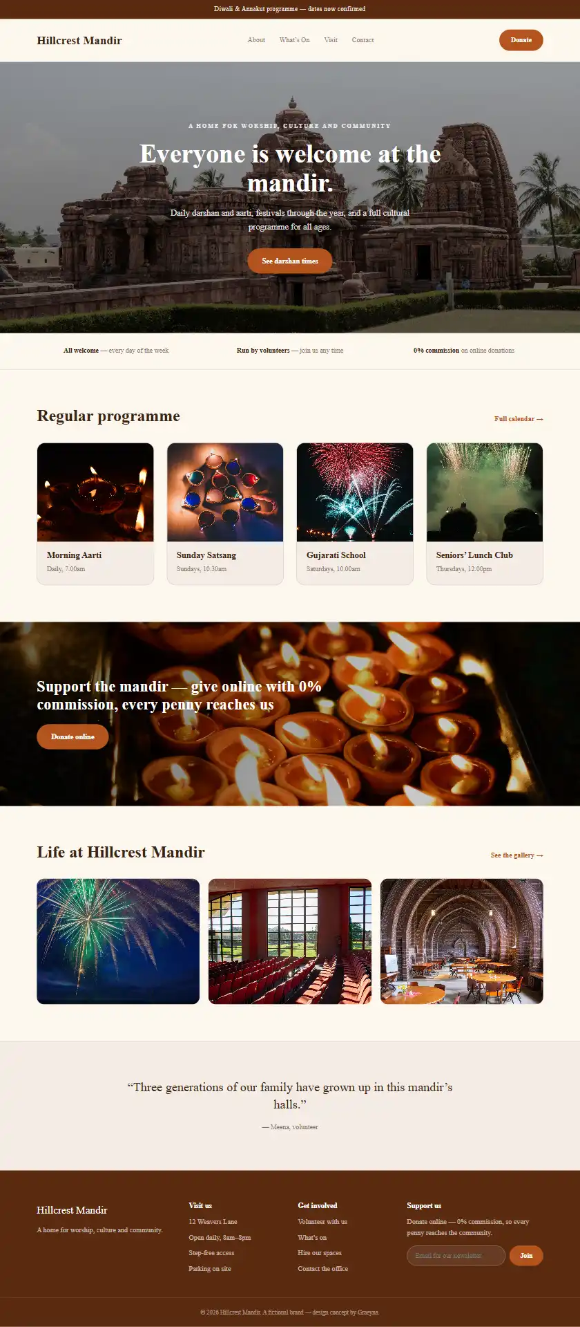 Hillcrest Mandir & Cultural Centre - a coded faith & community website concept by Graeyna