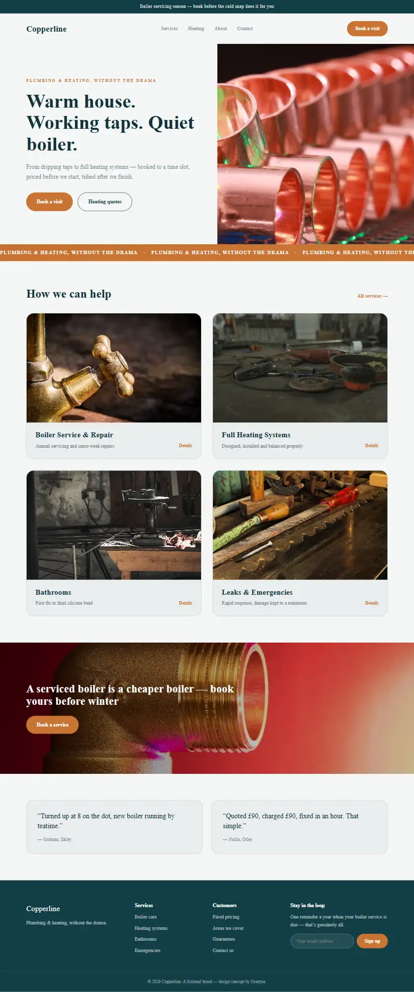 Copperline Plumbing & Heating - a coded construction & trades website concept by Graeyna