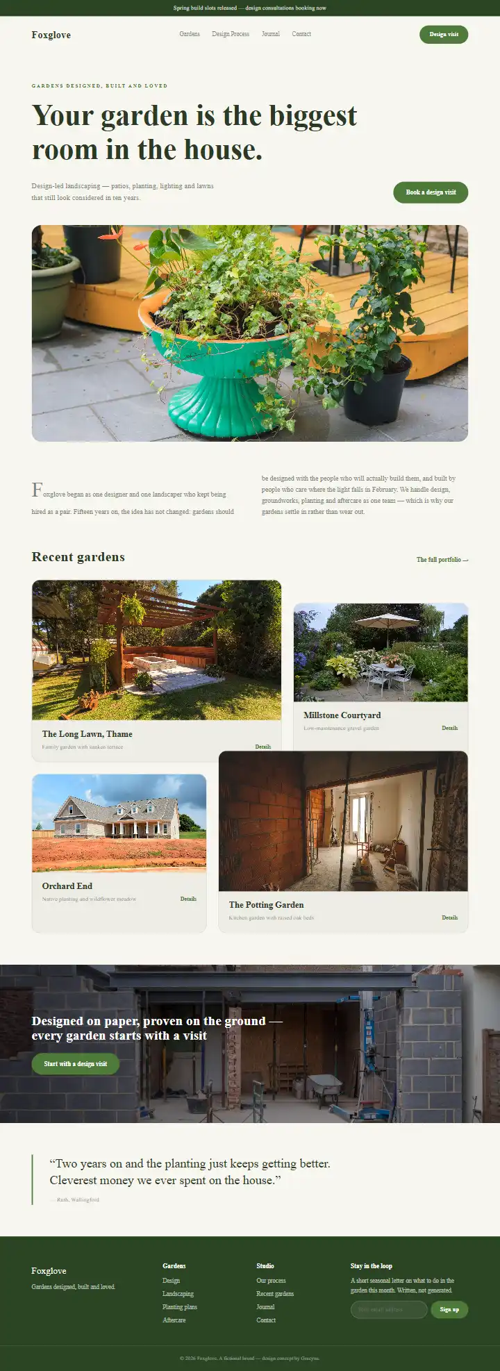 Foxglove Gardens & Landscapes - a coded construction & trades website concept by Graeyna