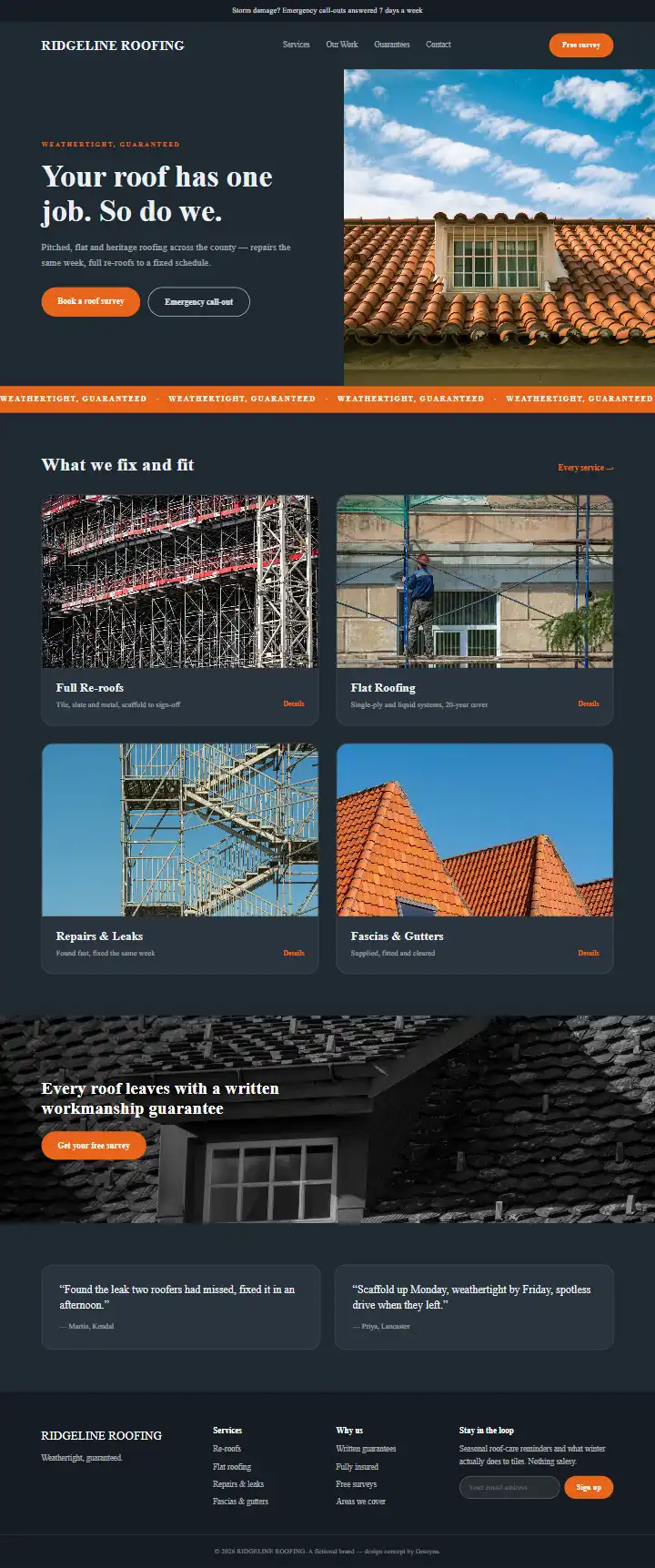 Ridgeline Roofing - a coded construction & trades website concept by Graeyna
