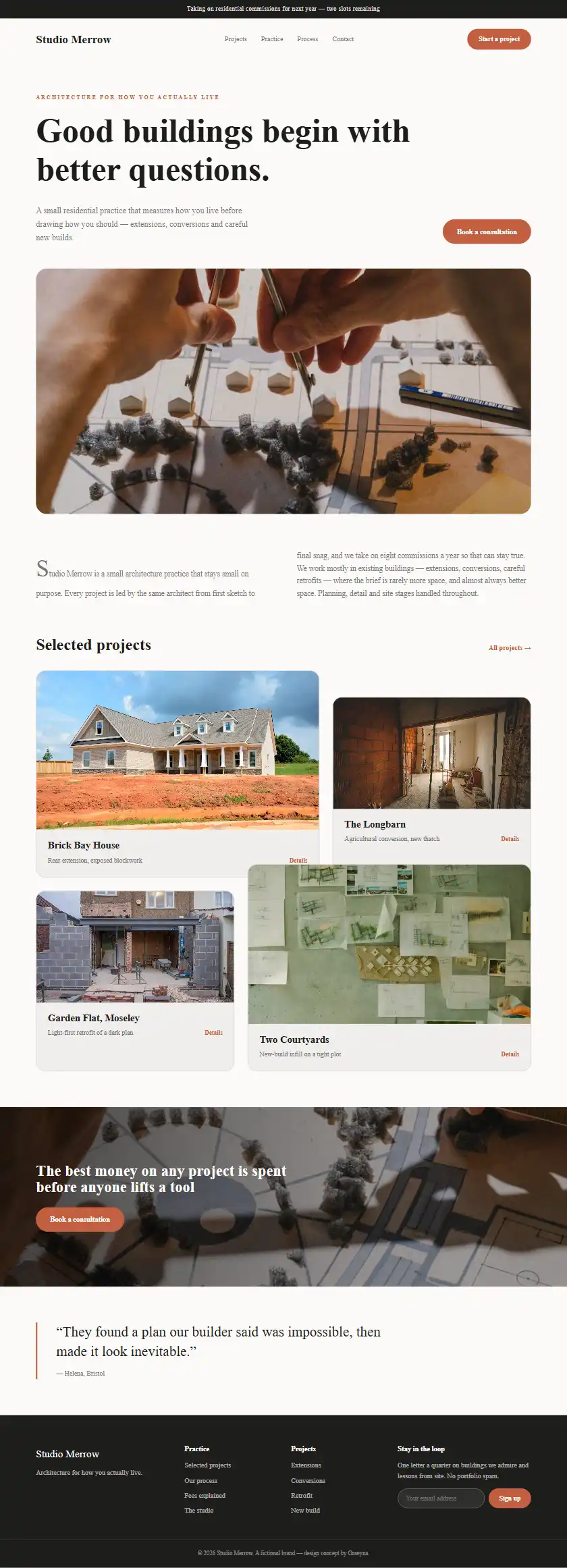 Studio Merrow Architects - a coded construction & trades website concept by Graeyna