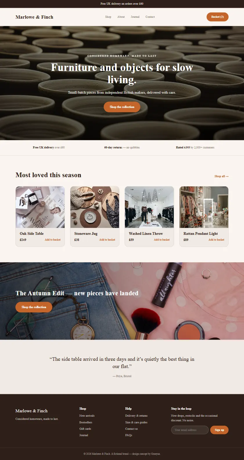 Marlowe & Finch - a coded ecommerce website concept by Graeyna