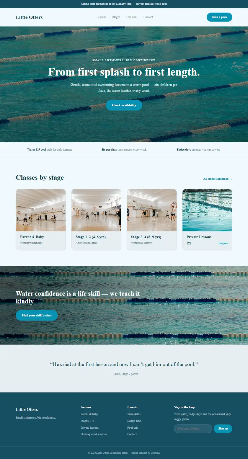 Little Otters Swim School - a coded fitness & sport website concept by Graeyna