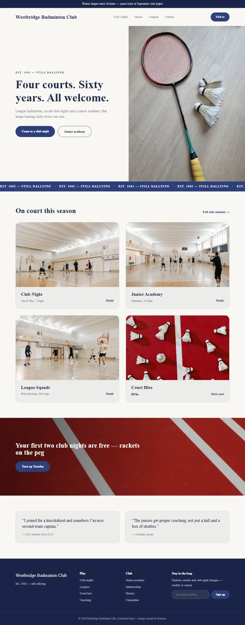 Westbridge Badminton Club - a coded fitness & sport website concept by Graeyna