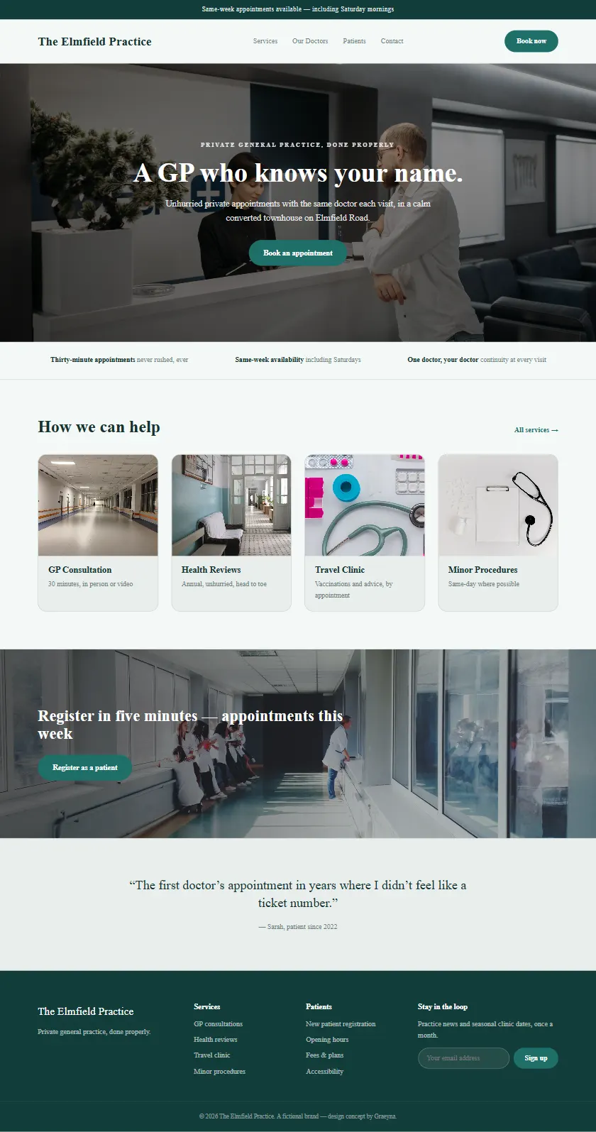 The Elmfield Practice - a coded healthcare & clinics website concept by Graeyna