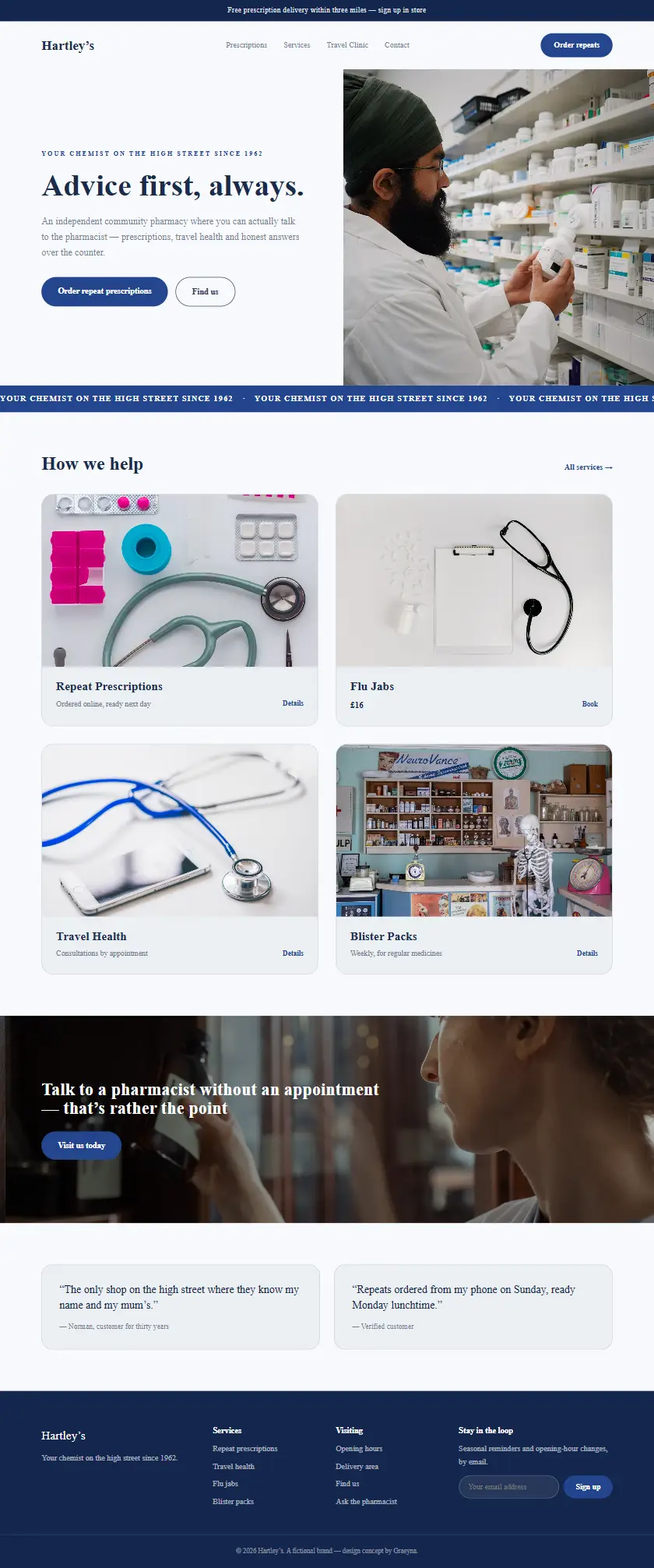 Hartley’s Pharmacy - a coded healthcare & clinics website concept by Graeyna