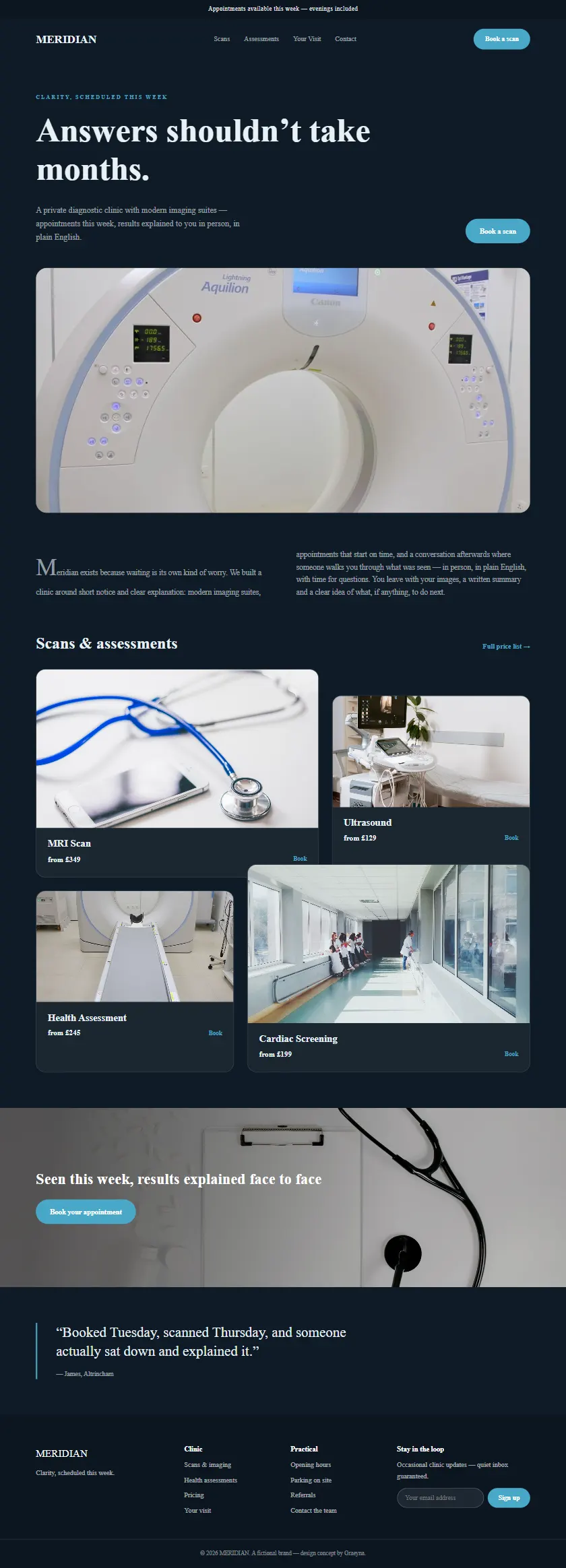Meridian Diagnostics - a coded healthcare & clinics website concept by Graeyna