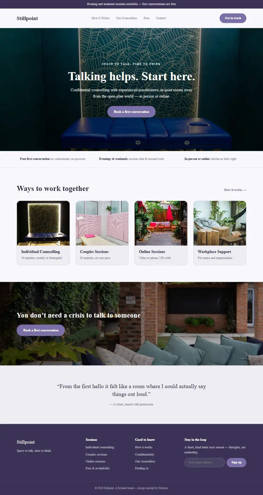 Stillpoint Counselling - a coded healthcare & clinics website concept by Graeyna