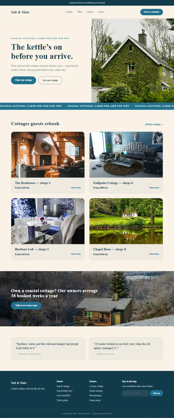 Salt & Slate Stays - a coded real estate & property website concept by Graeyna