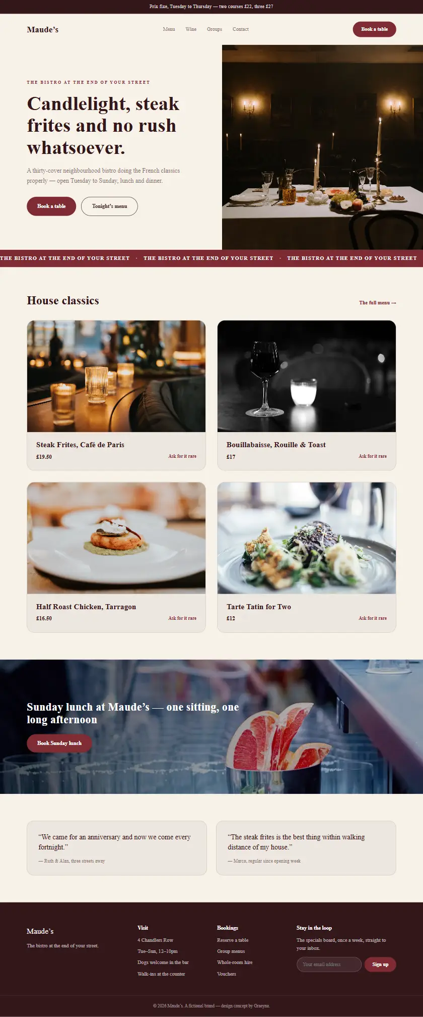 Maude’s - a coded restaurants & food website concept by Graeyna
