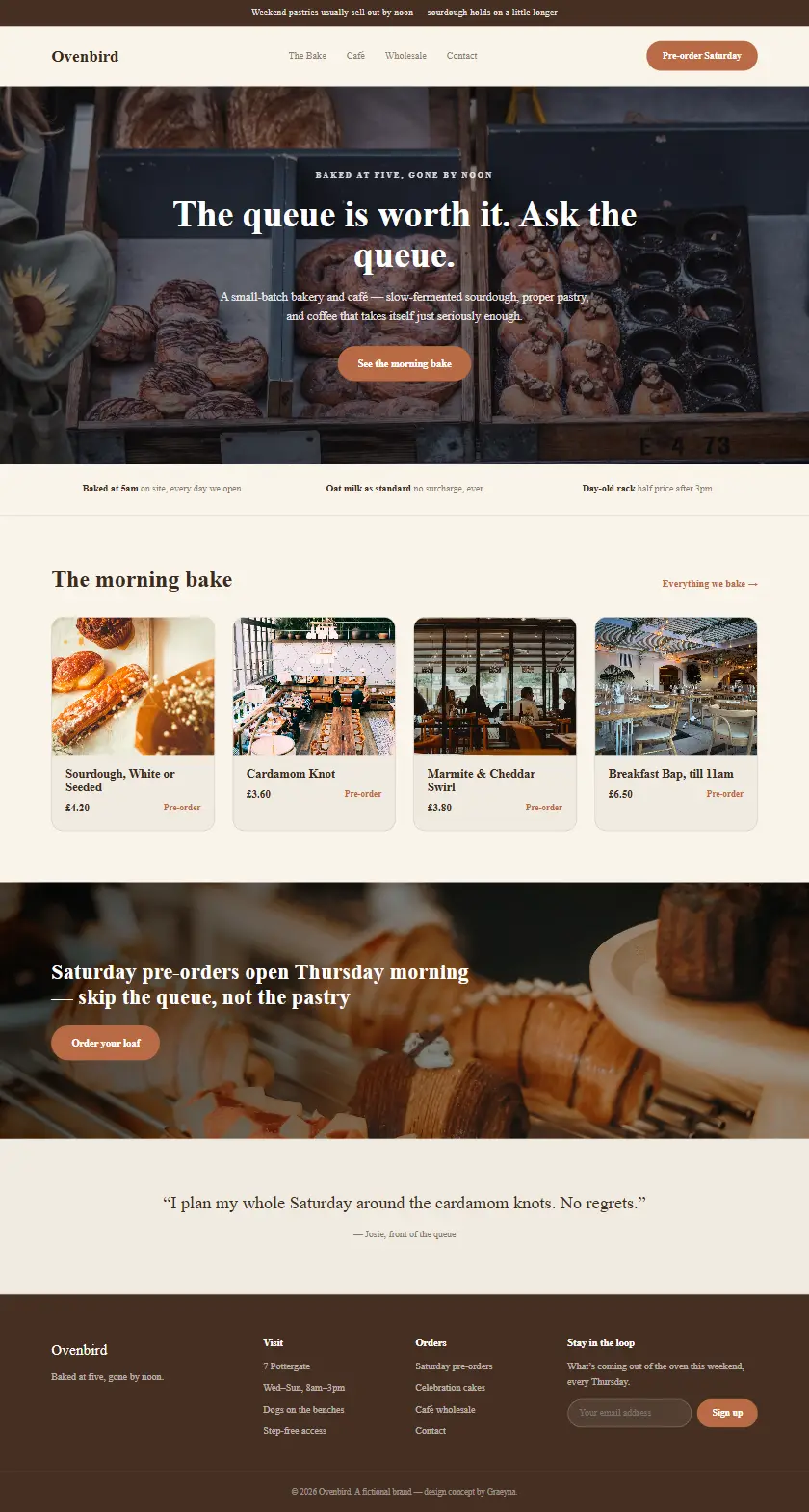 Ovenbird Bakery - a coded restaurants & food website concept by Graeyna