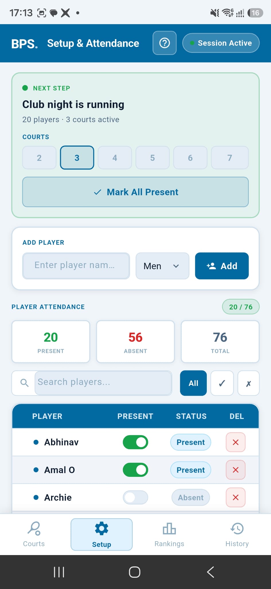 The BPS setup and attendance screen: a running club night with twenty players across three courts, an add-player form, attendance totals and a per-player present/absent toggle list.
