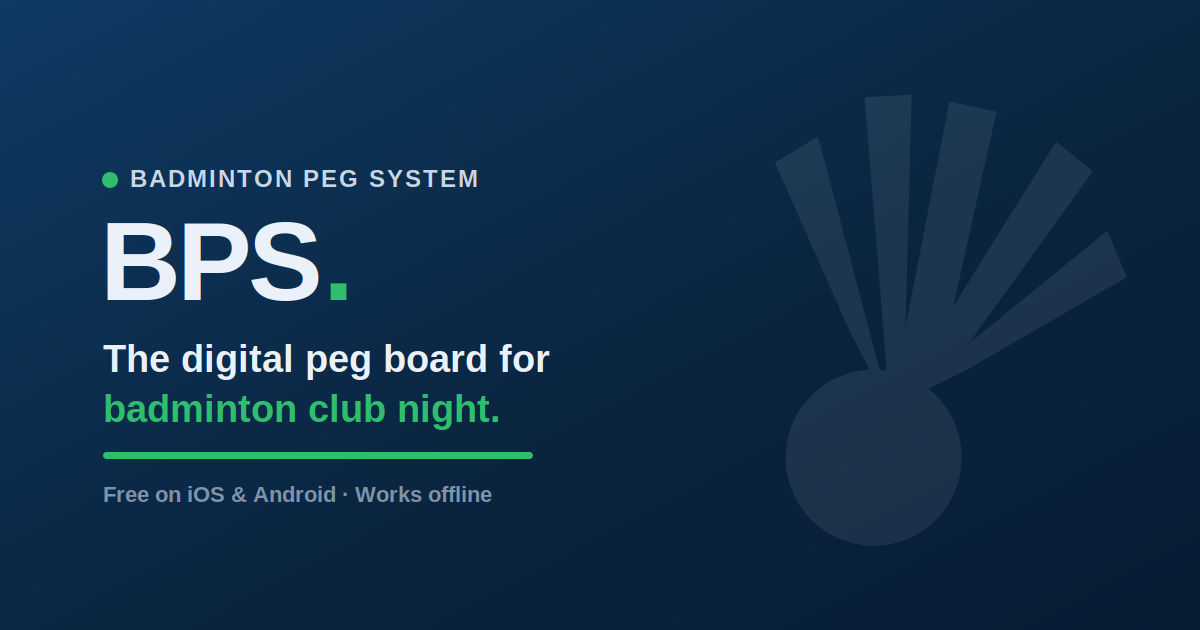 The BPS brand card: "The digital peg board for badminton club night" beside a shuttlecock motif - free on iOS and Android, works offline.