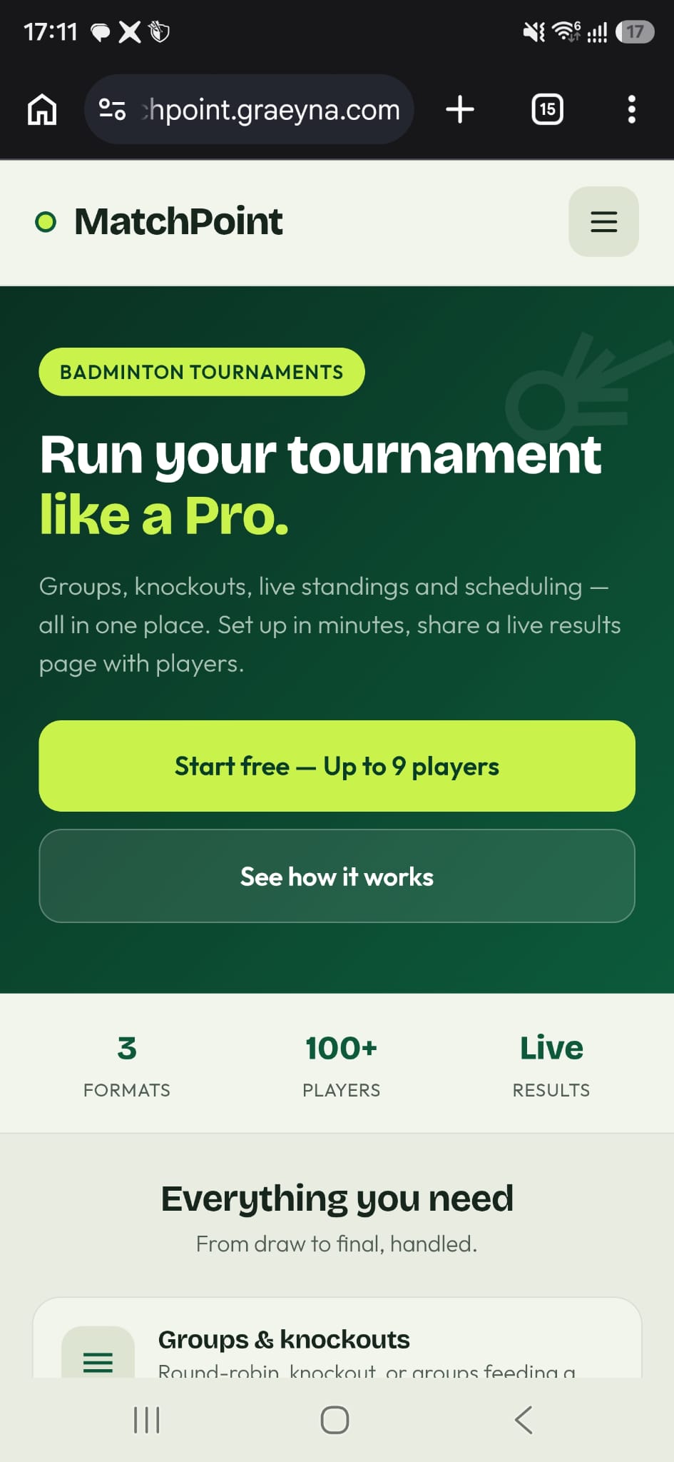 The MatchPoint home page on a phone: "Run your tournament like a Pro" above buttons to start a free tournament, with counts for formats, players and live results.